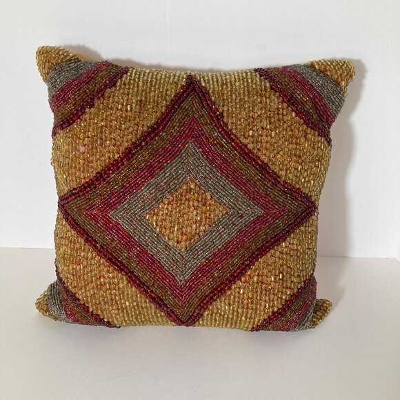 Pier 1 Imports Beaded Luxury Throw Pillow Geometric Red Gold Silver 11 x 11" - Picture 1 of 8